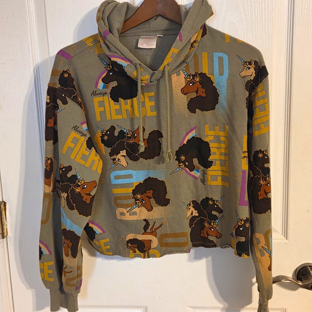 Afro Unicorn Always Fierce Bold Cropped Hoodie Sweatshirt Sage Olive Green M